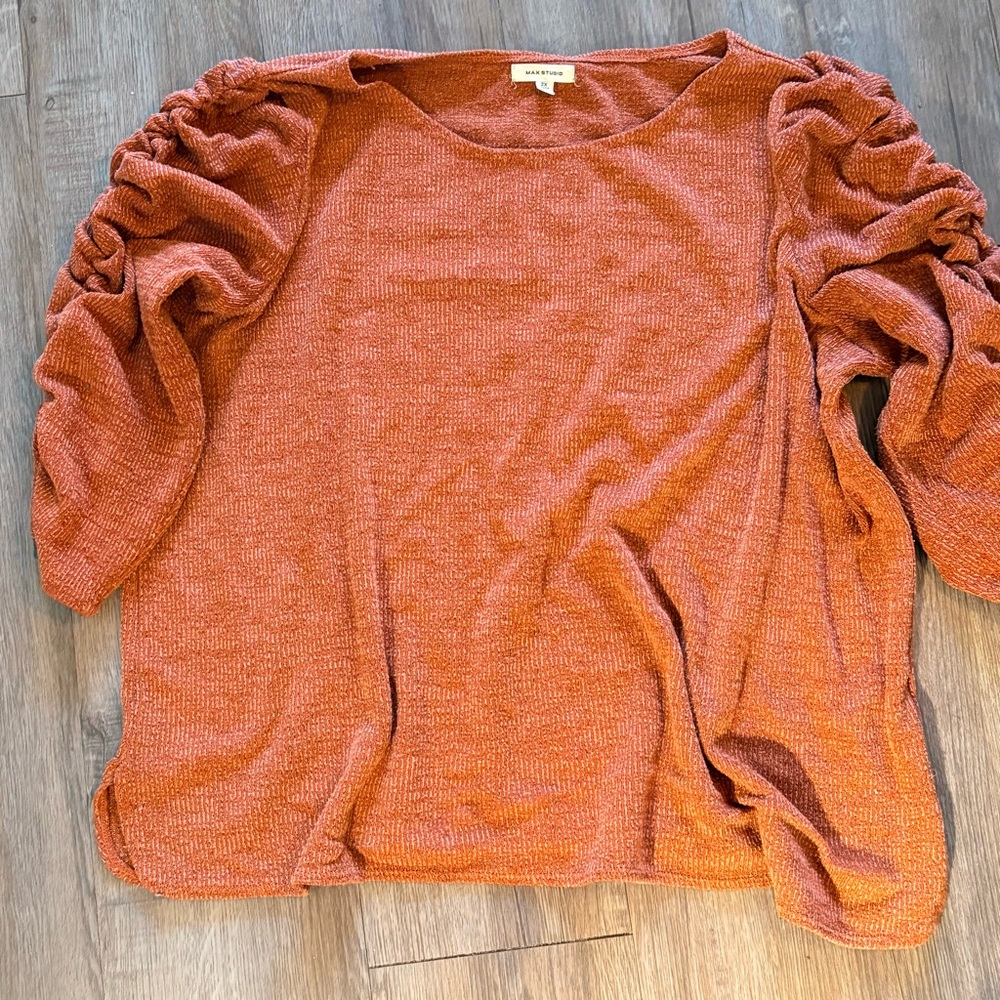 Max Studio Terracotta Blouse with Ruched Sleeves